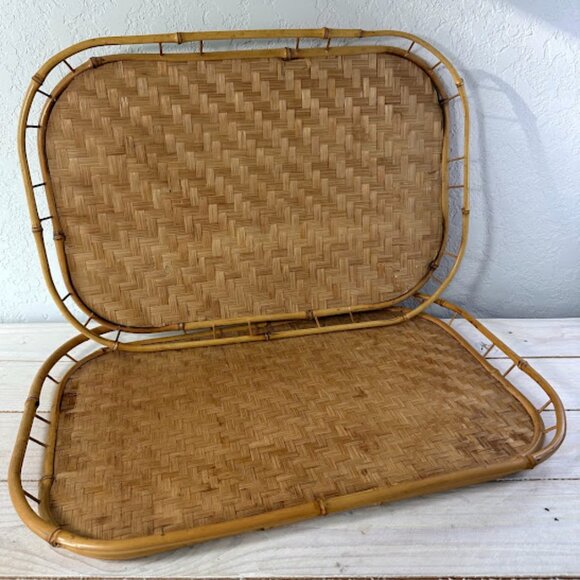 Matching Pair of Large Decorative Bamboo Trays 19in x 13 in - Picture 1 of 10